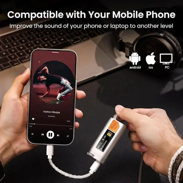Alt view image 6 of 7 - D20 DAC512 Portable Headphone Amp/DAC  USB Hi-Res Audio Dongle with 4.4mm Balanced & 3.5mm Output, ES9038Q2M + CT7601PR, Support PCM 768kHz/DSD512, CNC Aluminum, OLED Display