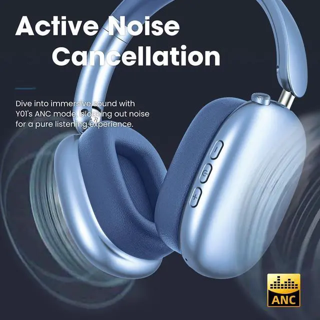 Alt view image 2 of 7 - Y01 Wireless Over Ear Headphones, Noise Canceling Bluetooth 5.3 Headphones with Microphones,Hi-Res Audio,48H Playtime,Foldable,Breathable Soft Earpads for iOS/Android/Samsung/PC-Blue