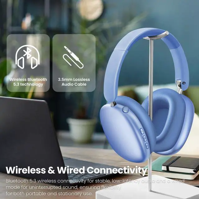 Alt view image 6 of 7 - Y01 Wireless Over Ear Headphones, Noise Canceling Bluetooth 5.3 Headphones with Microphones,Hi-Res Audio,48H Playtime,Foldable,Breathable Soft Earpads for iOS/Android/Samsung/PC-Blue