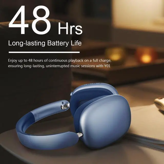 Alt view image 7 of 7 - Y01 Wireless Over Ear Headphones, Noise Canceling Bluetooth 5.3 Headphones with Microphones,Hi-Res Audio,48H Playtime,Foldable,Breathable Soft Earpads for iOS/Android/Samsung/PC-Blue