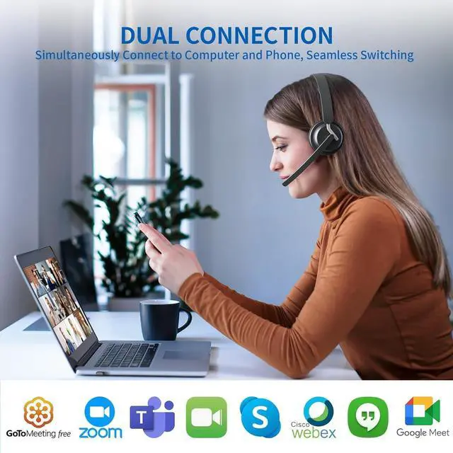 Alt view image 2 of 6 - Wireless Headset with Mic, Bluetooth Headset with AI Noise Cancelling Microphone & Charging Base, 2.4GHz Wireless Headphones with USB Dongle for PC/Computer/Laptop/Remote Work/Call Center/Zoom