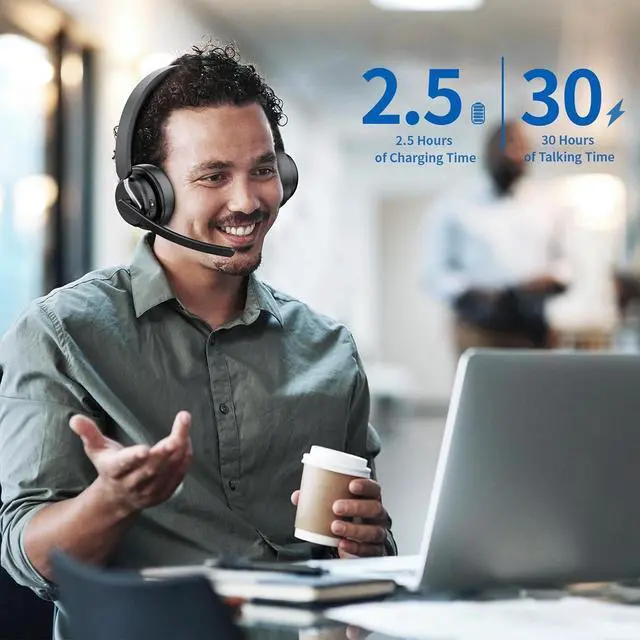Alt view image 4 of 6 - Wireless Headset with Mic, Bluetooth Headset with AI Noise Cancelling Microphone & Charging Base, 2.4GHz Wireless Headphones with USB Dongle for PC/Computer/Laptop/Remote Work/Call Center/Zoom