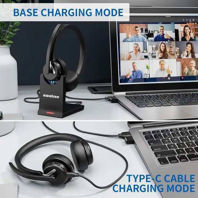 Alt view image 6 of 6 - Wireless Headset with Mic, Bluetooth Headset with AI Noise Cancelling Microphone & Charging Base, 2.4GHz Wireless Headphones with USB Dongle for PC/Computer/Laptop/Remote Work/Call Center/Zoom
