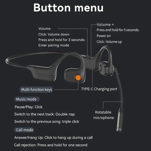 Alt view image 4 of 7 - IHAO Open Ear Air Conduction Bluetooth Headphone Dual Mic Rotatable Boom Mic Active Noise Cancellation IPX5 Waterproof Bluetooth 5.4 Pain-Free Design for Sports Work Outdoor Activities-DG09 Black