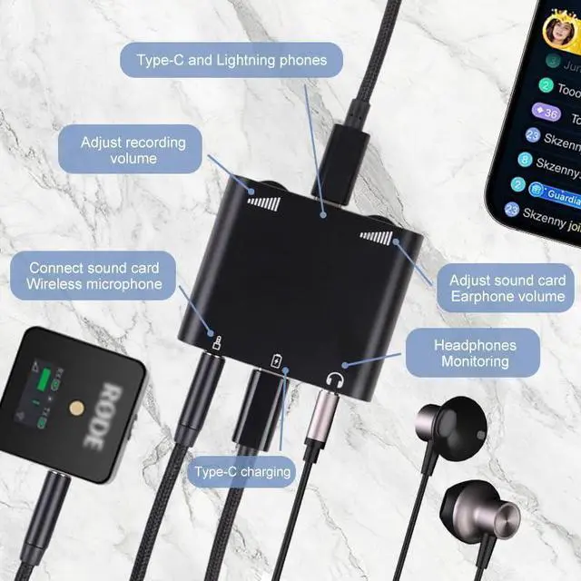 Alt view image 2 of 7 - Lightning & Type-C Live Streaming Microphone Adapter with Charging Port - Mic Adapter for Podcast/Twitch/YouTube/TikTok Live Stream, 3.5mm Audio Jack & Real-Time Monitoring (iOS/Android/PC) (black)