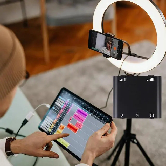 Alt view image 4 of 7 - Lightning & Type-C Live Streaming Microphone Adapter with Charging Port - Mic Adapter for Podcast/Twitch/YouTube/TikTok Live Stream, 3.5mm Audio Jack & Real-Time Monitoring (iOS/Android/PC) (black)