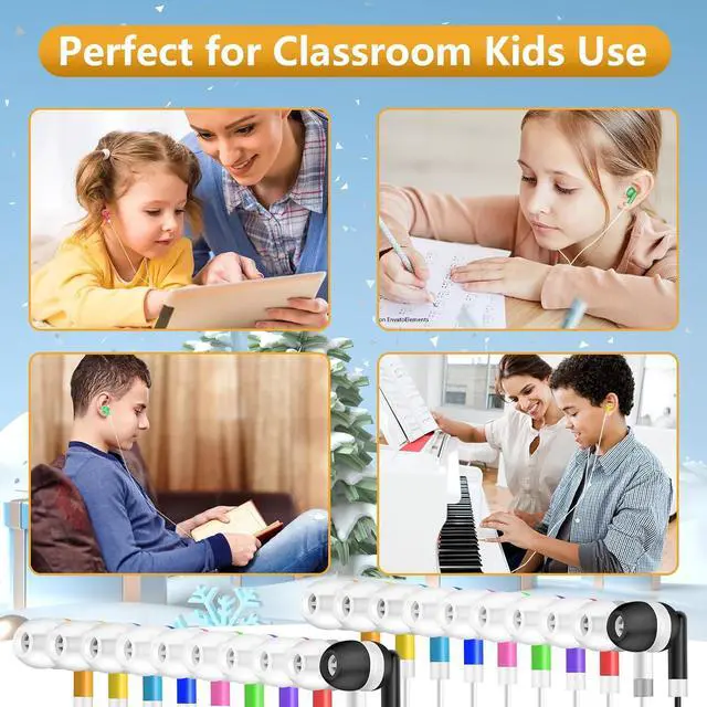 Alt view image 7 of 7 - Kids Bulk Earbuds Headphones 200 Pack Multi Colored Wholesale Wired Earphones Perfect for School Classroom Libraries Students (10 Colors)