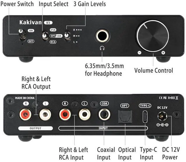 Alt view image 2 of 7 - K5 DAC Headphone Amplifier, ES9039Q2M Chip Digital-to-Analog Audio Converter, USB Type C/Optical/Coaxial to RCA/6.35MM/3.5MM AUX for Phone/MAC, RCA Input Converter for Home Audio Amplifier.