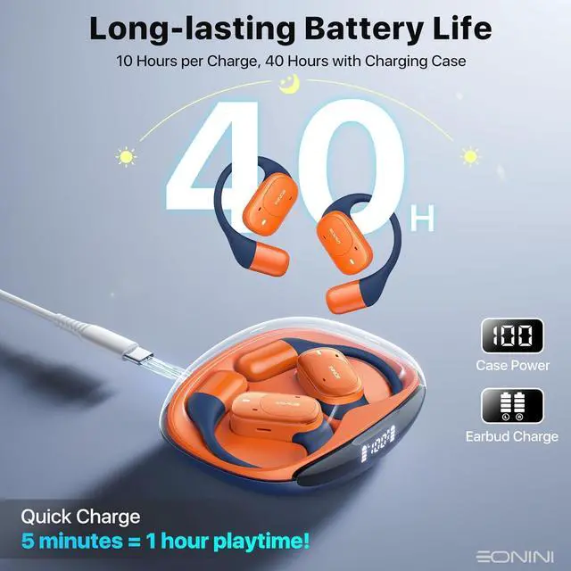 Alt view image 4 of 7 - Open Ear Headphones Wireless Bluetooth Earbuds with Smart Power Display, 40H Playtime, Clear Calls, Secure Fit, IPX5 Waterproof Sports Earbuds for Workout, Running