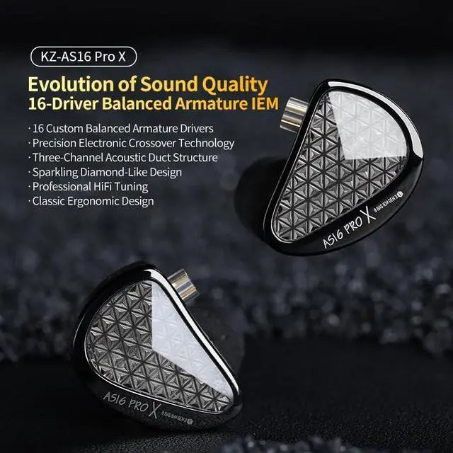 Alt view image 2 of 7 - KZ AS16 PRO X in-Ear Monitor Headphones  16 Balanced Armature Drivers in Ears Earphone, Professional IEM Earbuds for Musicians and Singers (Without MIC, Black)