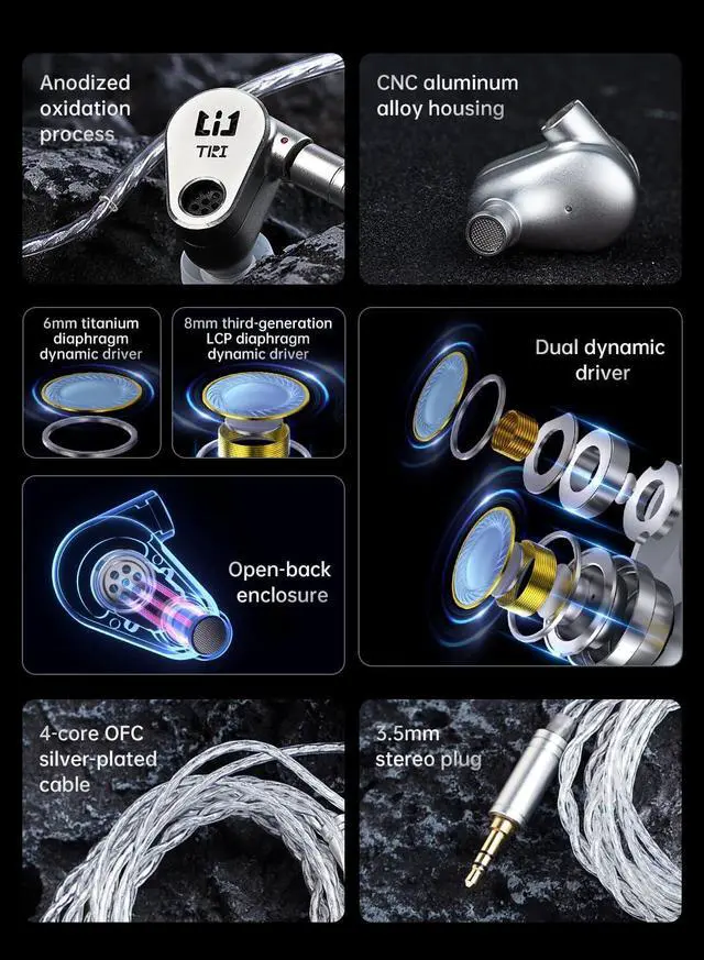 Alt view image 4 of 7 - EZ EAR TRI Draco Open-Back Enclosure 2*DD HiFi IEM in Ear Monitor HiFi Wired Earbuds with 8MM Third-Generation LCP Diaphragm Dynamic Driver Gaming Earbuds for Singers Musicians