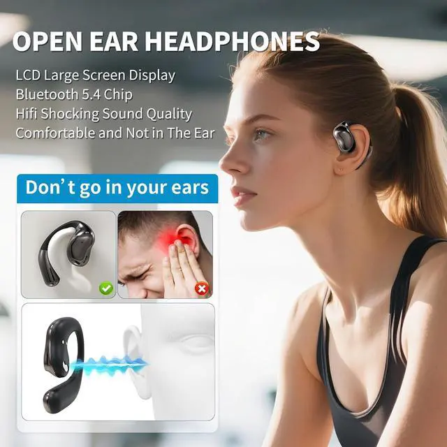 Alt view image 3 of 7 - Open Ear Earphones with Touchscreen, Bone Conduction Wireless Earbuds Bluetooth 5.4, 68H Playtime with Charging Case, Over Headphones with Silicone Ear Hooks, for Outdoors Fitness Sport (Black)