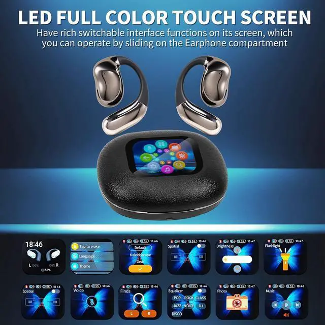 Alt view image 2 of 7 - Open Ear Earphones with Touchscreen, Bone Conduction Wireless Earbuds Bluetooth 5.4, 68H Playtime with Charging Case, Over Headphones with Silicone Ear Hooks, for Outdoors Fitness Sport (Black)