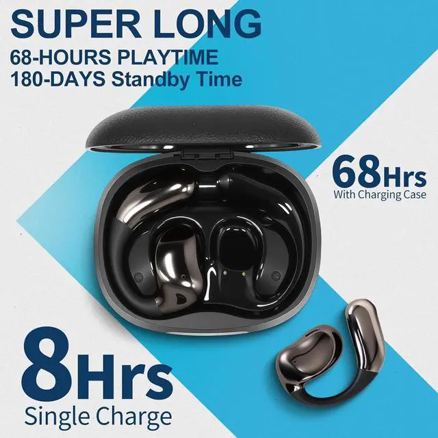 Alt view image 4 of 7 - Open Ear Earphones with Touchscreen, Bone Conduction Wireless Earbuds Bluetooth 5.4, 68H Playtime with Charging Case, Over Headphones with Silicone Ear Hooks, for Outdoors Fitness Sport (Black)