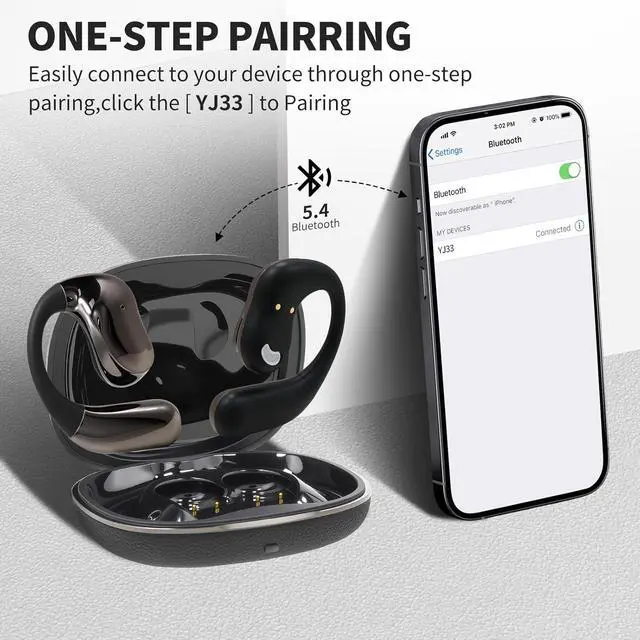 Alt view image 7 of 7 - Open Ear Earphones with Touchscreen, Bone Conduction Wireless Earbuds Bluetooth 5.4, 68H Playtime with Charging Case, Over Headphones with Silicone Ear Hooks, for Outdoors Fitness Sport (Black)