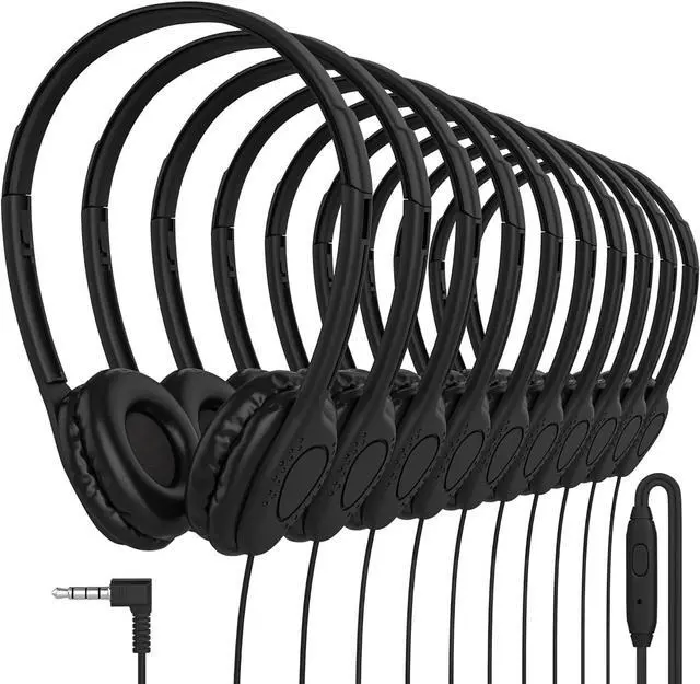 Main image of Maeline Black Wired Headphones with Microphone, Bulk 20 Pack On-Ear Headsets with 3.5mm Jack  Leatherette Cushions, Adjustable, Stackable, Ideal for Classrooms, Offices, Remote Work, Testing