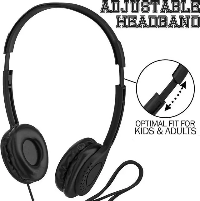 Alt view image 2 of 7 - Maeline Black Wired Headphones with Microphone, Bulk 20 Pack On-Ear Headsets with 3.5mm Jack  Leatherette Cushions, Adjustable, Stackable, Ideal for Classrooms, Offices, Remote Work, Testing