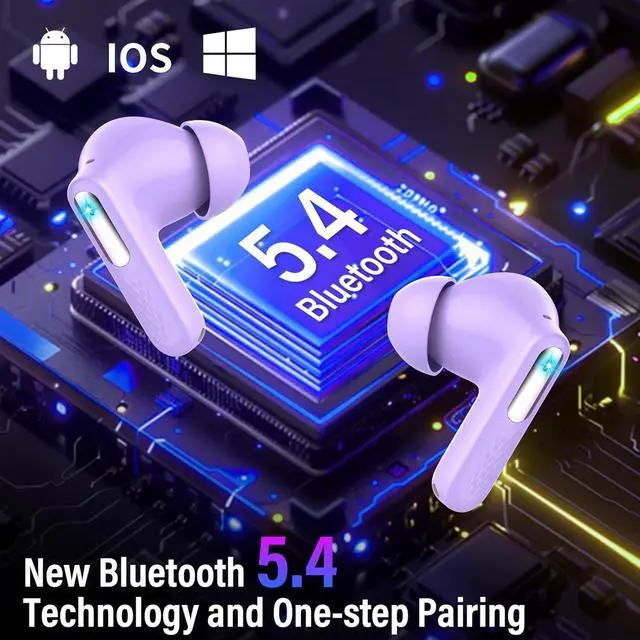 Alt view image 6 of 7 - Wireless Earbuds, Bluetooth 5.4 Headphones with Multifunction Touch Screen, 48H Deep Bass Stereo Ear Buds, ANC/ENC Noise Cancelling, Transparency Mode, IPX7 Bluetooth Earbuds, Purple