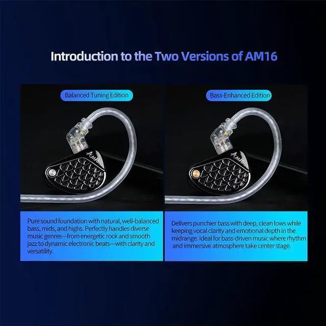 Alt view image 3 of 7 - KZ AM16 Professional HiFi Earphones  8-Unit Balanced Armature in-Ear Headphones with Powerful Bass and High Fidelity, Replaceable Cable Earbuds (Without Mic, Bass-Enhanced Edition)