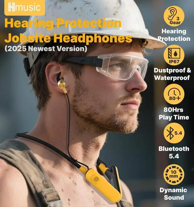 Alt view image 2 of 7 - Hmusic H23Pro Neckband Bluetooth Headphones, IPX7 Waterproof, 30dB Tri-Flange Earplug Headphones, 80H Long Battery Life Earphones w/ENC Mic, Ear Protection Neck Earbuds for Mowing/Jobsite/Outdoor