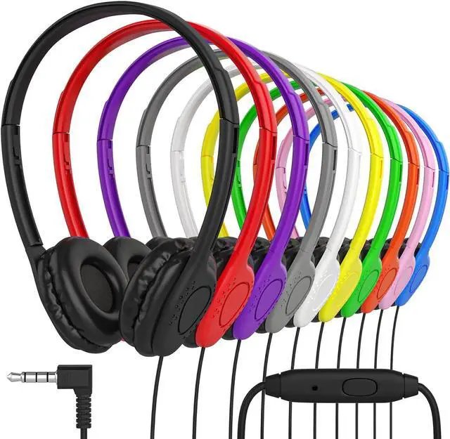 Main image of Maeline Bulk Classroom Headphones with Microphone, Wired On-Ear Leather Headphones Stereo Headset for Kids Online Learning, Library, School, Airplane, Travel - 3.5mm Plug - Multi Colors, 40 Pack