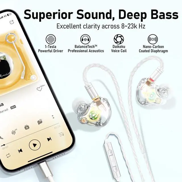 Alt view image 3 of 7 - Vibes 202ML Wired Earbuds - HiFi in Ear Headphones for iPhone 514, Noise-Isolating Ear Buds w/ Mic - Clear Sound, Deep Bass, Comfort-Fit Earphones - MMCXLightning, Silver Plated Cord, Carrying Case