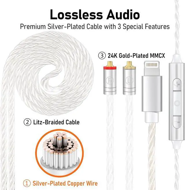 Alt view image 4 of 7 - Vibes 202ML Wired Earbuds - HiFi in Ear Headphones for iPhone 514, Noise-Isolating Ear Buds w/ Mic - Clear Sound, Deep Bass, Comfort-Fit Earphones - MMCXLightning, Silver Plated Cord, Carrying Case