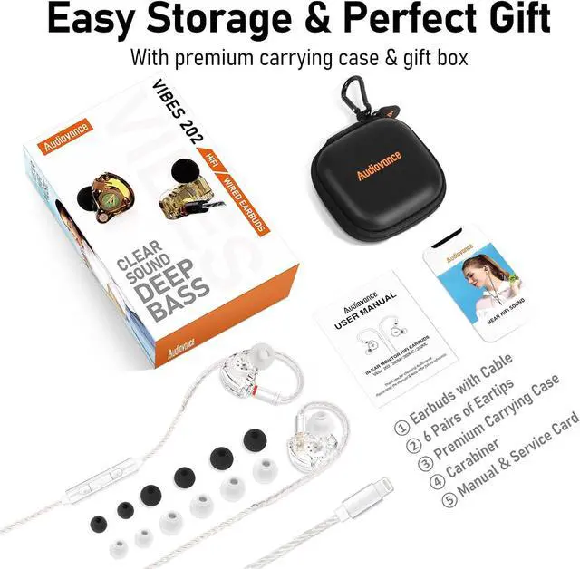 Alt view image 6 of 7 - Vibes 202ML Wired Earbuds - HiFi in Ear Headphones for iPhone 514, Noise-Isolating Ear Buds w/ Mic - Clear Sound, Deep Bass, Comfort-Fit Earphones - MMCXLightning, Silver Plated Cord, Carrying Case