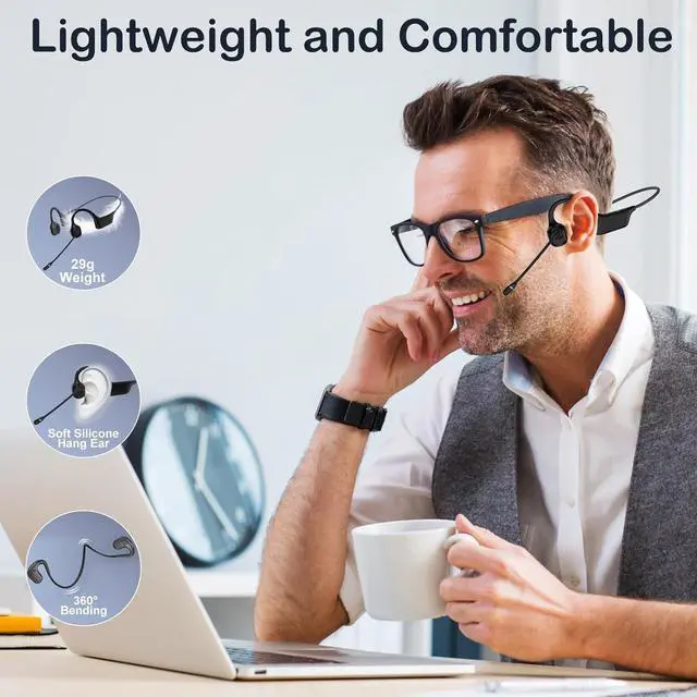 Alt view image 3 of 7 - Bone Conduction Headphones with Mic, Earphones Bluetooth 5.3, Open-Ear Headphones with Noise-Canceling Rotated Boom Microphone, Wireless Headset Sweatproof Earphones for Working, Running, Driving