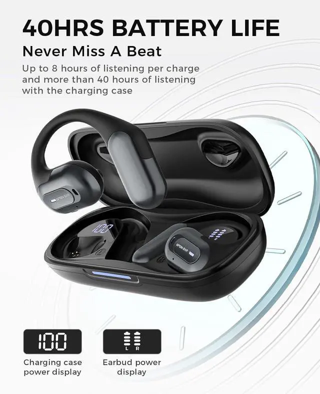 Alt view image 6 of 7 - Open Ear Headphones Wireless Earbuds with LED Display & Microphone, IPX7 Waterproof Bluetooth Headphones with 40 Hours of Playtime, Fast Charging,Earphones for Running, Cycling Workouts