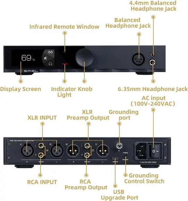 Alt view image 6 of 6 - S.M.S.L H400 Hi-Res Headphone Amplifier Hi-End Preamp Design High Power Output 15W/16 7.5W/32 Hi-Fi Audio Fully Balanced 3 Gears Gain Control 4.4mm Balanced/XLR 4Pin/ 6.35mm Unbalanced (Black)