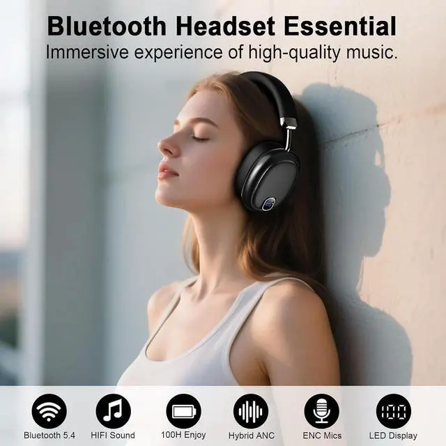 Alt view image 4 of 7 - Active Noise Cancelling Headphones,100H, Bluetooth 5.4 Headphones Over Ear, LED Display Wireless Headphone with Mic, Transparency Mode, Low Latency, HiFi Audio, Earbuds for Travel Game Office, Black