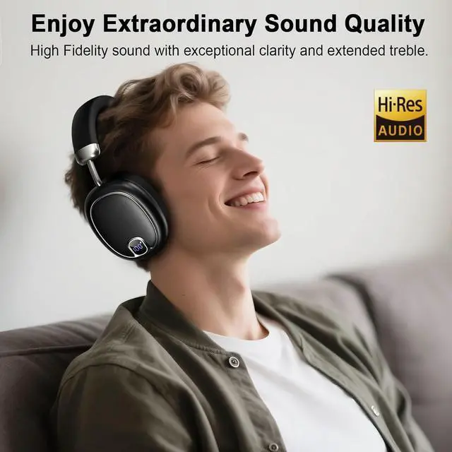Alt view image 5 of 7 - Active Noise Cancelling Headphones,100H, Bluetooth 5.4 Headphones Over Ear, LED Display Wireless Headphone with Mic, Transparency Mode, Low Latency, HiFi Audio, Earbuds for Travel Game Office, Black