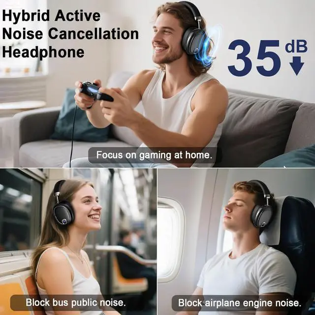Alt view image 7 of 7 - Active Noise Cancelling Headphones,100H, Bluetooth 5.4 Headphones Over Ear, LED Display Wireless Headphone with Mic, Transparency Mode, Low Latency, HiFi Audio, Earbuds for Travel Game Office, Black