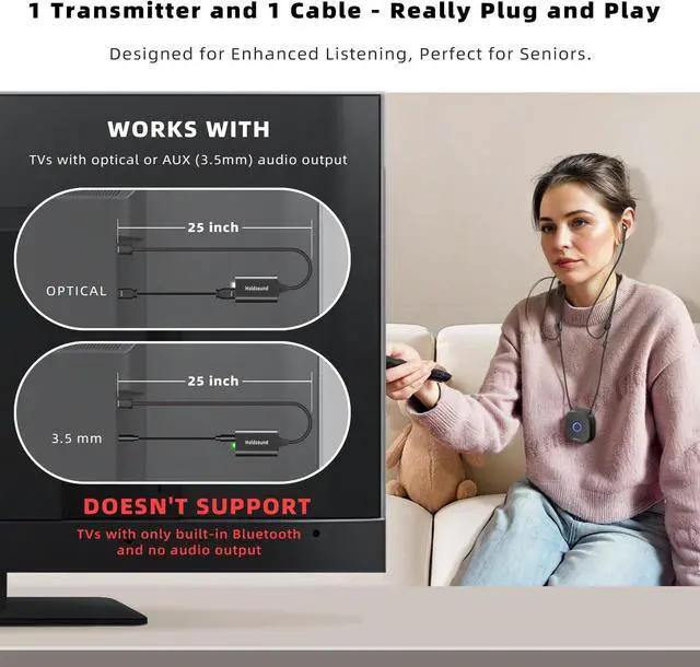 Alt view image 3 of 7 - Holdsound TV Headphones Wireless for Seniors, Neckband Wireless Headphones for TV with USB Extension Cable Transmitter, 15hrs Playtime, No Audio Delay, Enhanced Volume, Black