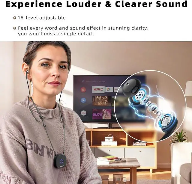 Alt view image 2 of 7 - Holdsound TV Headphones Wireless for Seniors, Neckband Wireless Headphones for TV with USB Extension Cable Transmitter, 15hrs Playtime, No Audio Delay, Enhanced Volume, Black