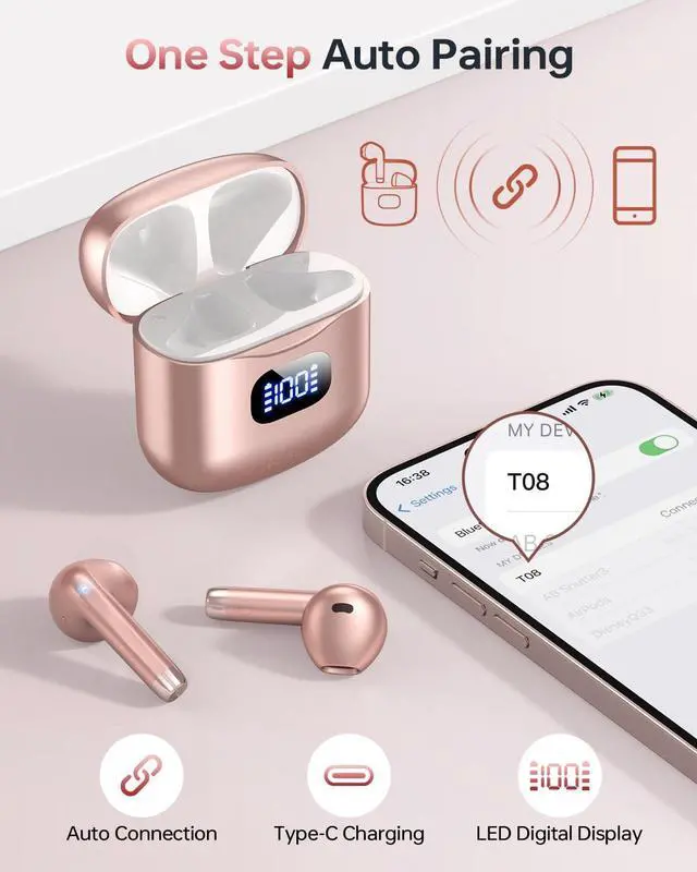 Alt view image 2 of 7 - Wireless Earbuds Bluetooth 5.3 Ear Buds, Bluetooth Headphones with LED Display Charging Case, 40Hrs Playtime Stereo Sound, IPX7 Waterproof in-Ear Earphones with Mic for Phone Tablet Sports, Rose