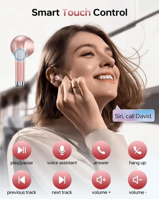 Alt view image 4 of 7 - Wireless Earbuds Bluetooth 5.3 Ear Buds, Bluetooth Headphones with LED Display Charging Case, 40Hrs Playtime Stereo Sound, IPX7 Waterproof in-Ear Earphones with Mic for Phone Tablet Sports, Rose