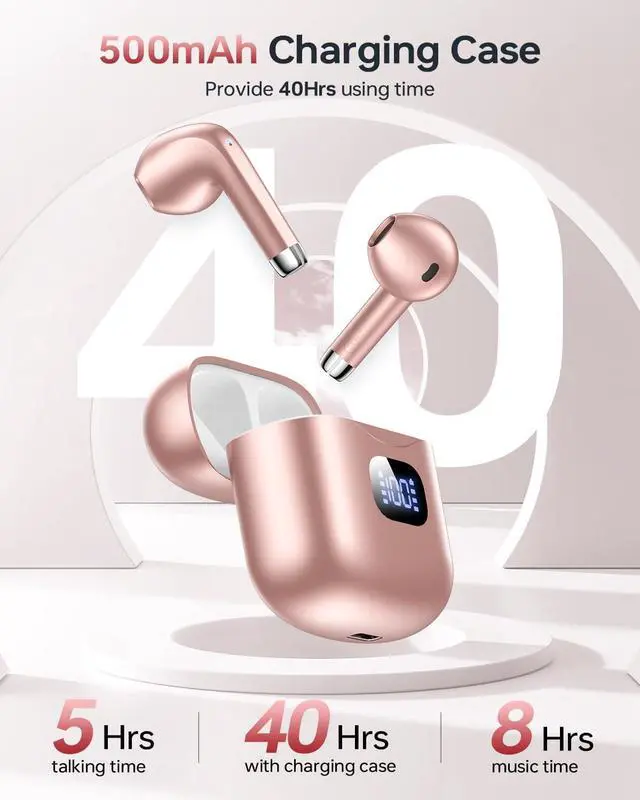 Alt view image 5 of 7 - Wireless Earbuds Bluetooth 5.3 Ear Buds, Bluetooth Headphones with LED Display Charging Case, 40Hrs Playtime Stereo Sound, IPX7 Waterproof in-Ear Earphones with Mic for Phone Tablet Sports, Rose