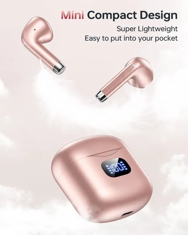 Alt view image 7 of 7 - Wireless Earbuds Bluetooth 5.3 Ear Buds, Bluetooth Headphones with LED Display Charging Case, 40Hrs Playtime Stereo Sound, IPX7 Waterproof in-Ear Earphones with Mic for Phone Tablet Sports, Rose