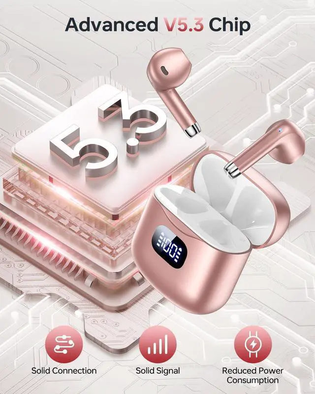 Alt view image 6 of 7 - Wireless Earbuds Bluetooth 5.3 Ear Buds, Bluetooth Headphones with LED Display Charging Case, 40Hrs Playtime Stereo Sound, IPX7 Waterproof in-Ear Earphones with Mic for Phone Tablet Sports, Rose