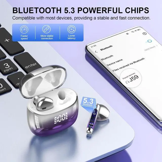 Alt view image 5 of 7 - Wireless Earbuds, Bluetooth Headphones 48H Playtime Ear Buds with LED Power Display, IPX7 Waterproof Bluetooth 5.4 Earphones in-Ear Earbuds with 4 Mic for Android iOS Cell Phone Laptop, Purple
