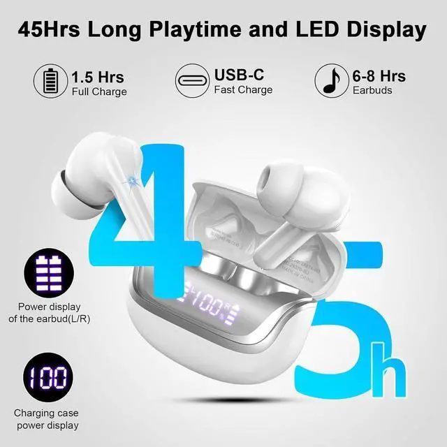 Alt view image 2 of 7 - Wireless Earbuds, Bluetooth 5.4 Headphones with 4 ENC Noise Cancelling Mic, 45Hrs Playtime Bluetooth Earphones HiFi Stereo Deep Bass, in Ear Earbuds IP7 Waterproof, Wireless Headphones Silver White