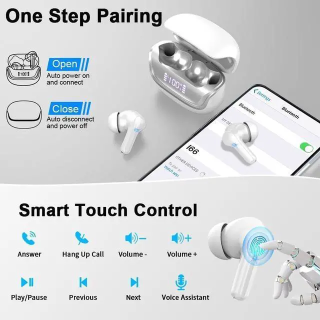 Alt view image 4 of 7 - Wireless Earbuds, Bluetooth 5.4 Headphones with 4 ENC Noise Cancelling Mic, 45Hrs Playtime Bluetooth Earphones HiFi Stereo Deep Bass, in Ear Earbuds IP7 Waterproof, Wireless Headphones Silver White