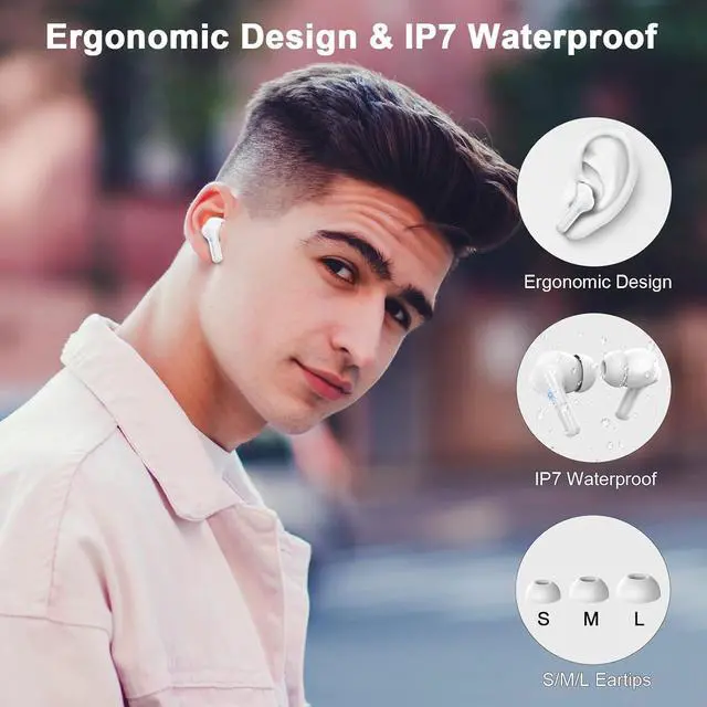Alt view image 7 of 7 - Wireless Earbuds, Bluetooth 5.4 Headphones with 4 ENC Noise Cancelling Mic, 45Hrs Playtime Bluetooth Earphones HiFi Stereo Deep Bass, in Ear Earbuds IP7 Waterproof, Wireless Headphones Silver White