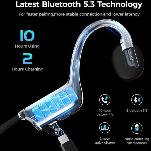 Alt view image 6 of 6 - Bone Conduction Headphones, Wireless Bluetooth Open-Ear Sports Headphones with Mic, Type-C Quick Charging Long Battery Life, Upgrade Waterproof Earphones for Running, Walking, Cycling, Workout, Gift