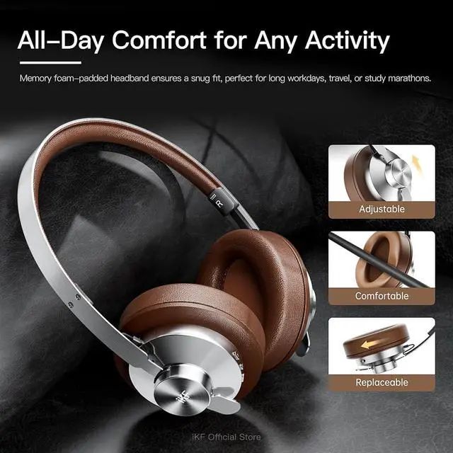 Alt view image 3 of 7 - Metal Wireless Bluetooth Over-Ear Headphones, Active Noise Cancelling, Hi-Res 40mm Drivers, 5-Mic ENC for Clear Calls, 75H Playback, AUX Wired Mode, App Customizable, Vintage Brown (Black)