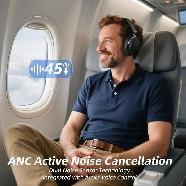Alt view image 2 of 6 - FunHub Active Noise Cancelling Headphones,Wireless Headphones BT 6.0 with Transparent Mode,Hi-Res Audio,Deep Bass,160H Playtime Foldable Storage Over Ear Headset for Gaming/Work/Travel-Black