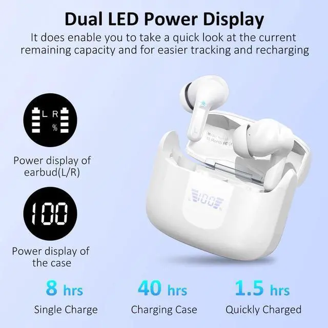 Alt view image 4 of 7 - Wireless Earbuds, Bluetooth 5.3 Headphones 2025 NEW Ear Buds 40H Bass Stereo in-Ear Earphones ENC Noise Cancelling Earbuds with 4 HD Mic, USB-C LED Display IP7 Waterproof Sport Headset for Android iOS