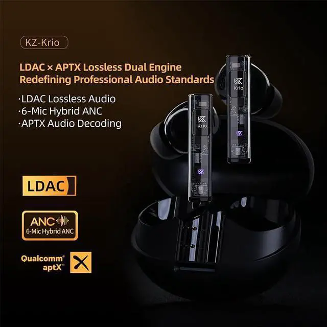 Alt view image 2 of 7 - KZ Krio True Wireless Bluetooth Earbuds  Dual Engine Professional Audio TWS in-Ears Earphone, LDAC Lossless Sound, 6 Mic ANC, 55ms Low Latency, 32H Playtime, Bluetooth 5.3 Headphone